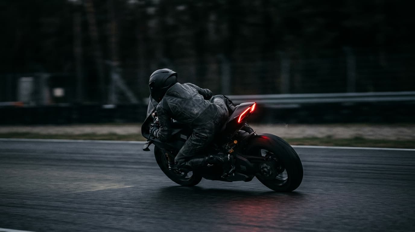 Motorrad in Schräglage auf der Bahn, rotes Rücklicht — triff deine Ideallinie