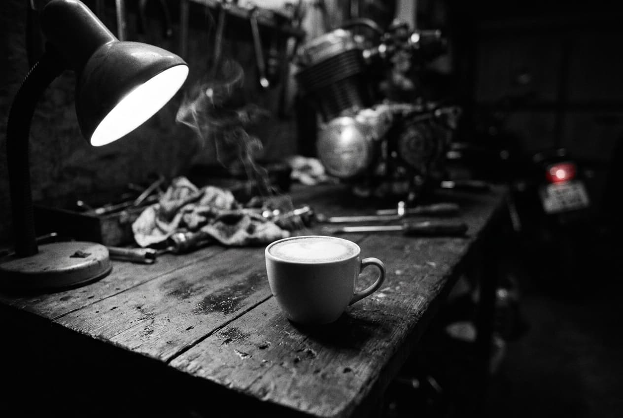 Cappuccino auf einer Werkstattbank im Garagenlicht