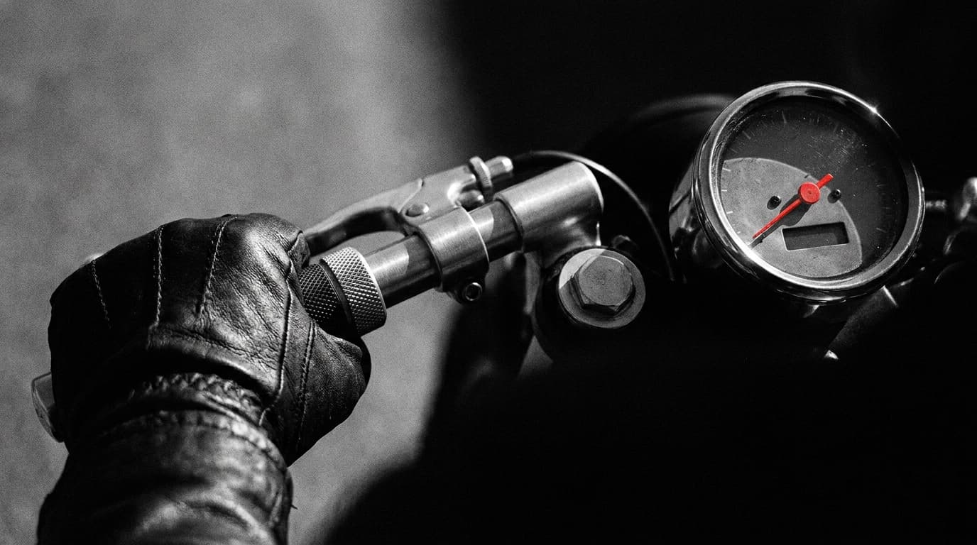 Detail eines Cafe-Racers — Hand am Lenker, rote Tachonadel