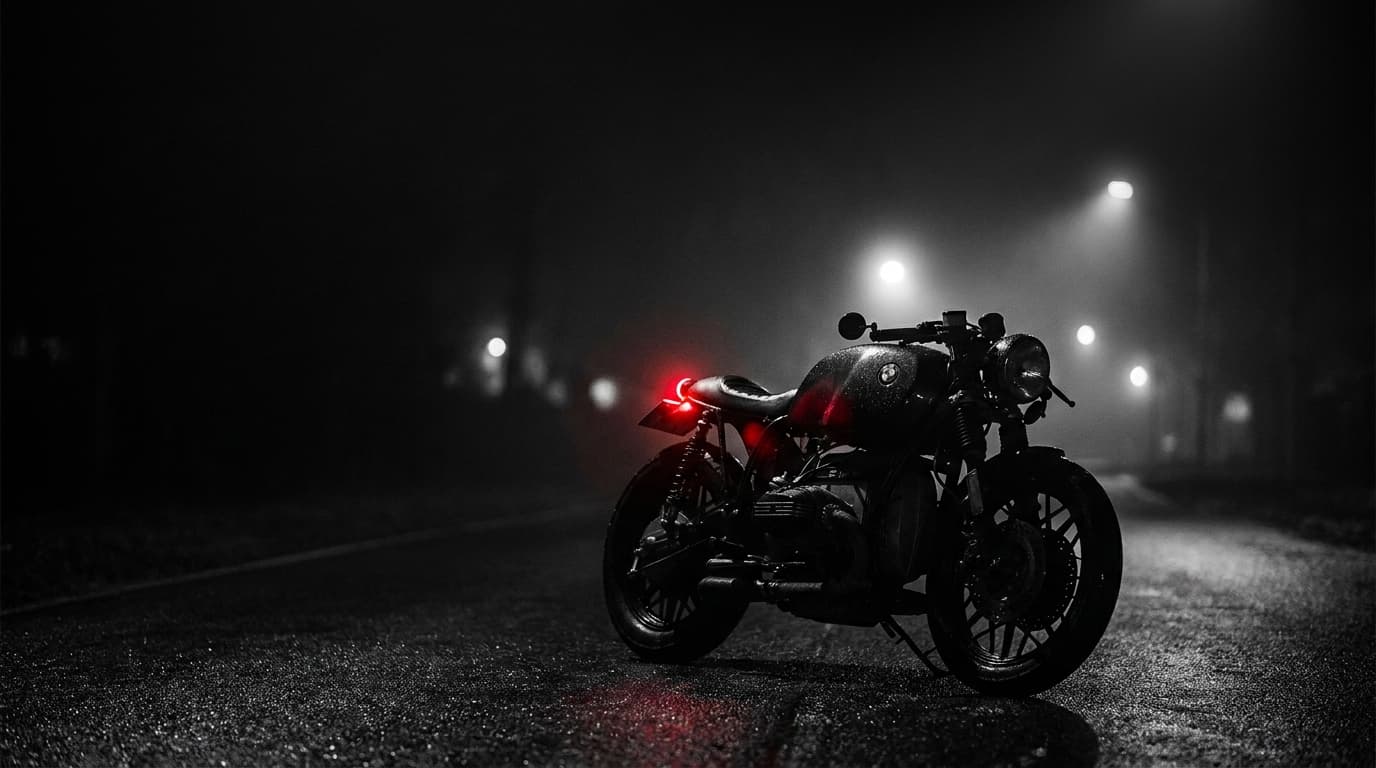 Cafe-Racer bei Nacht mit rotem Rücklicht auf leerer Straße