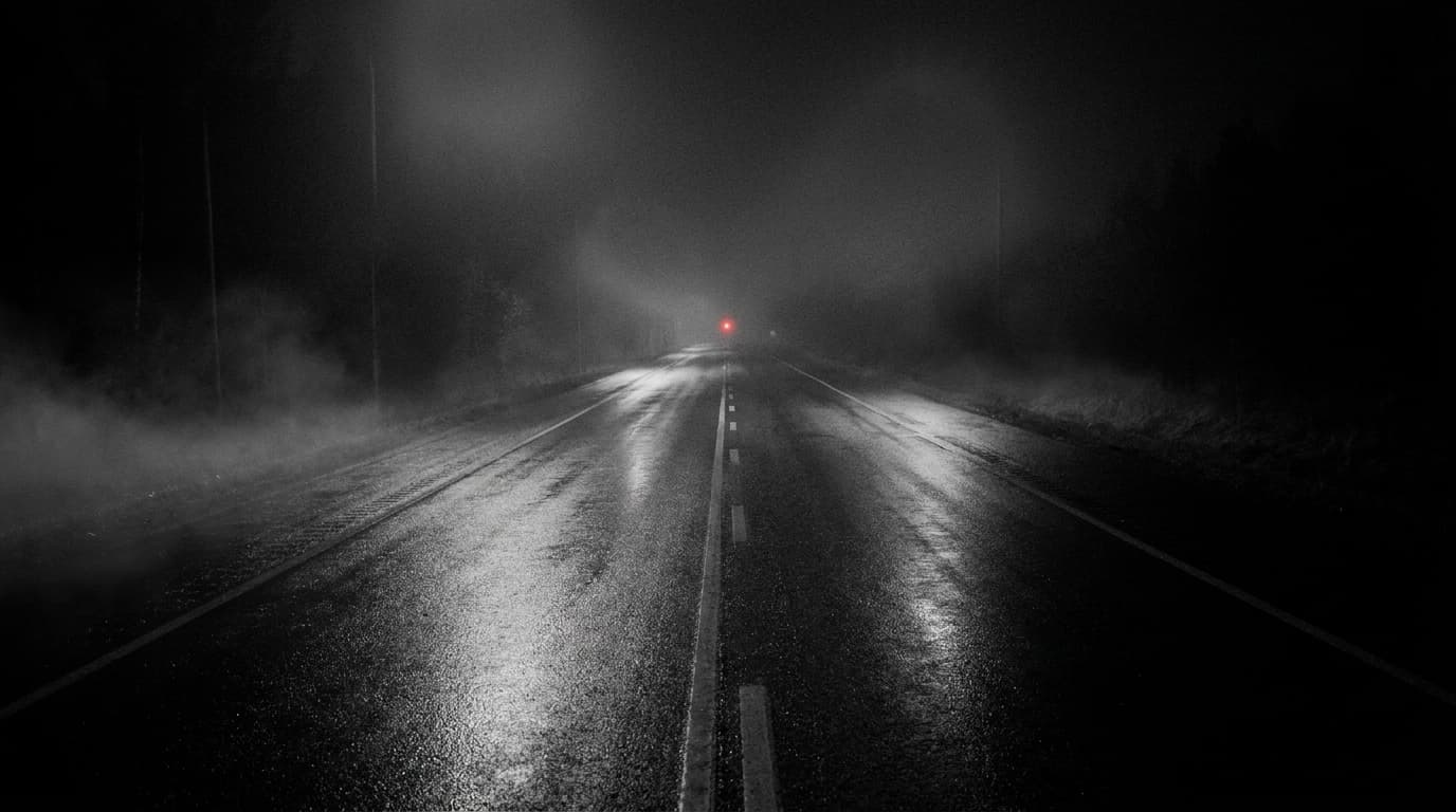 Leere nächtliche Straße mit rotem Licht am Horizont