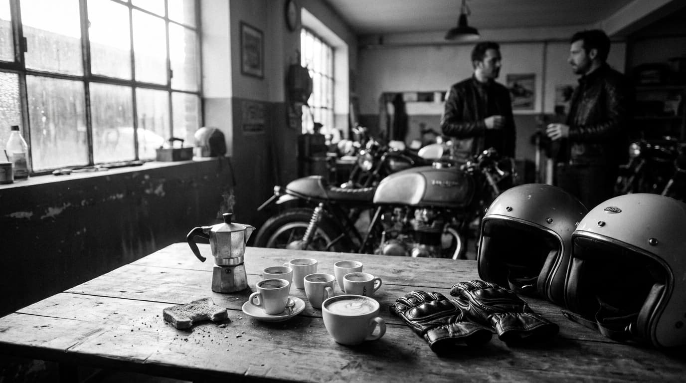 Frühstückstisch mit Kaffee beim Biker Breakfast