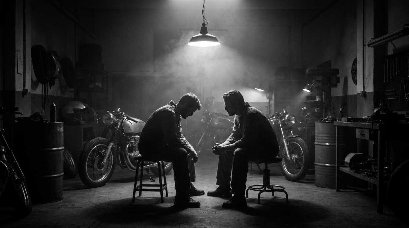 Zwei Menschen im Klartext-Gespräch in einer Werkstatt — Mental Garage