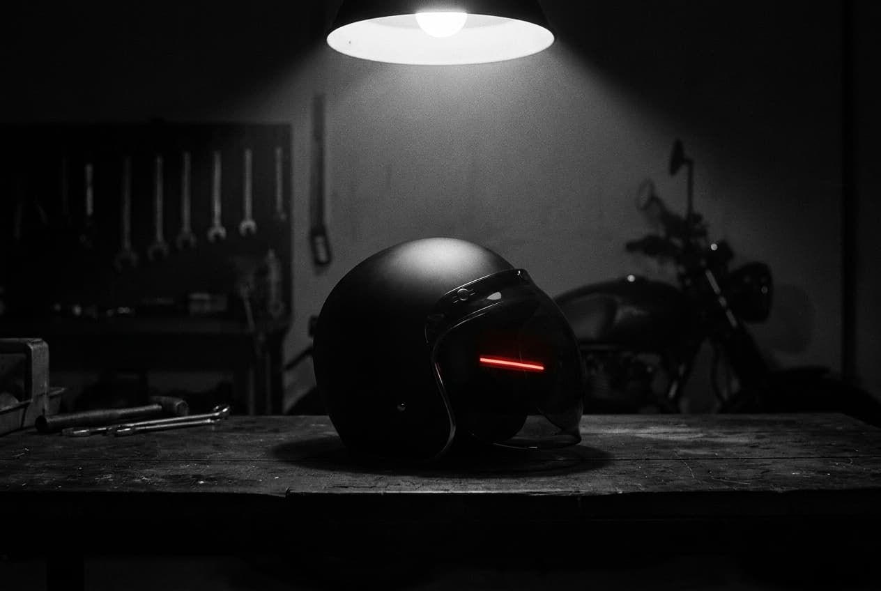 Werkstatt bei Nacht — Helm unter einer Lampe