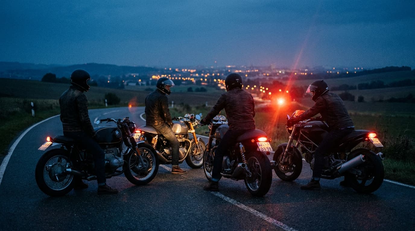 Gruppe Motorradfahrer auf einem Feierabend-Ride bei Abendlicht